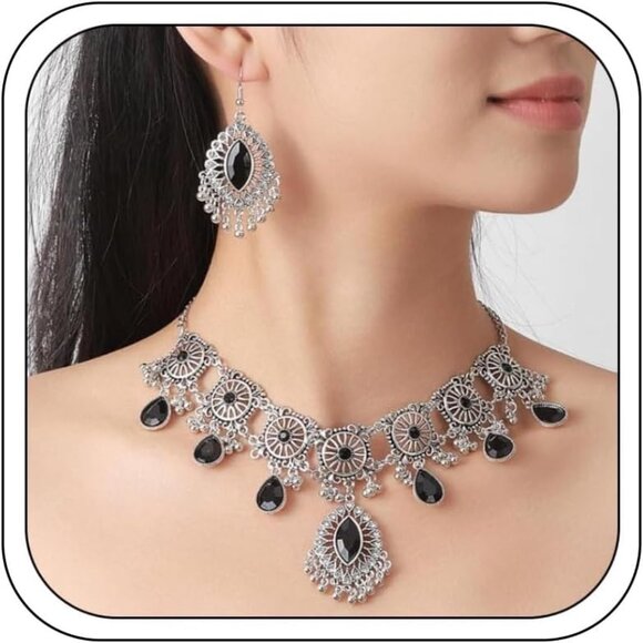 Elegant Indian Jewelry Set for Women: Necklace & Earrings - Oxidized Antique Des - Picture 1 of 7